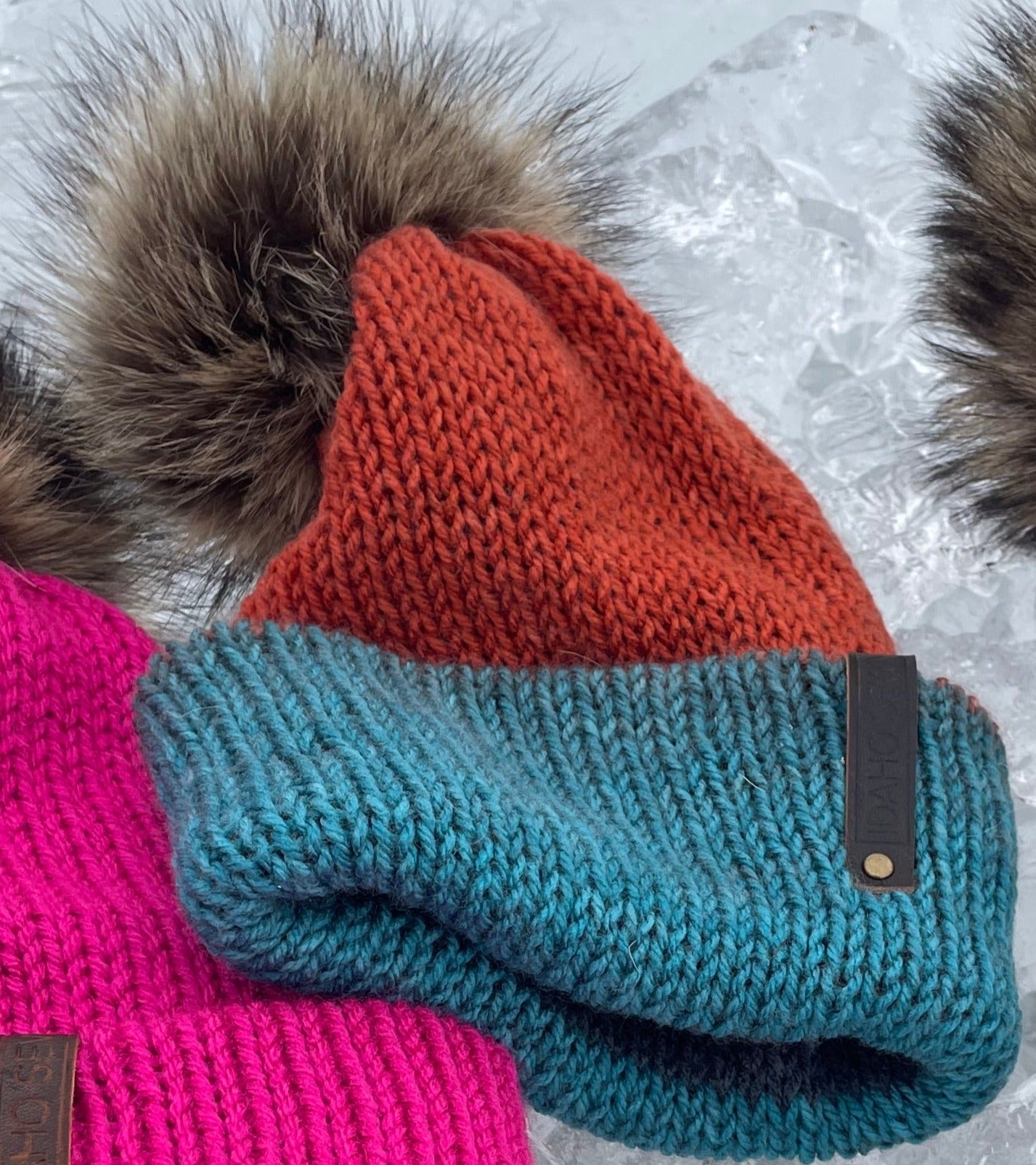 Rust and Teal Raccoon Beanie