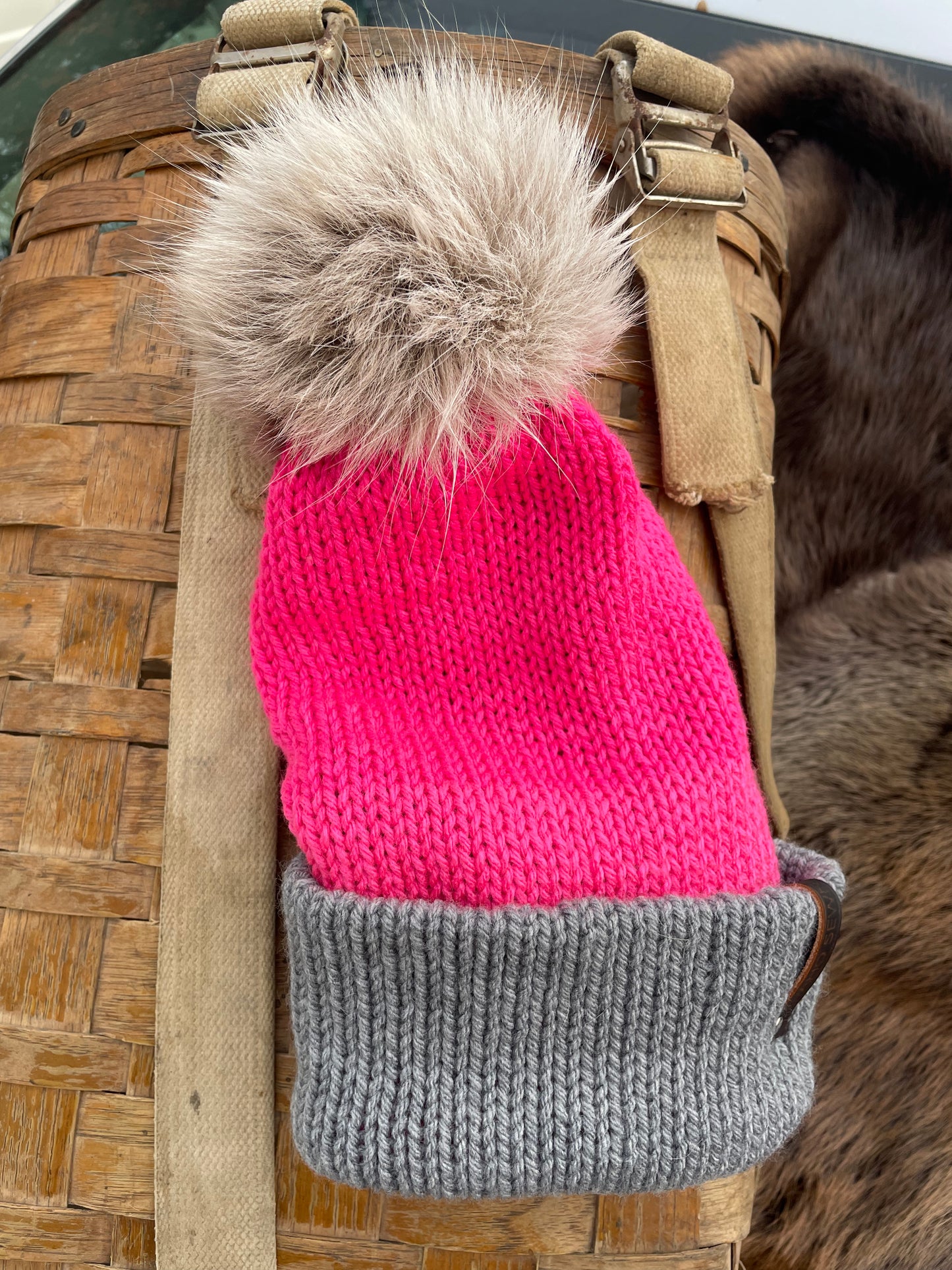 Pink and Gray Reindeer Beanie