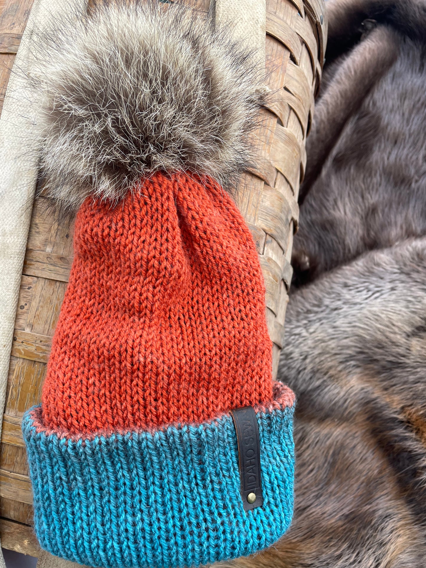 Rust and Teal Raccoon Beanie