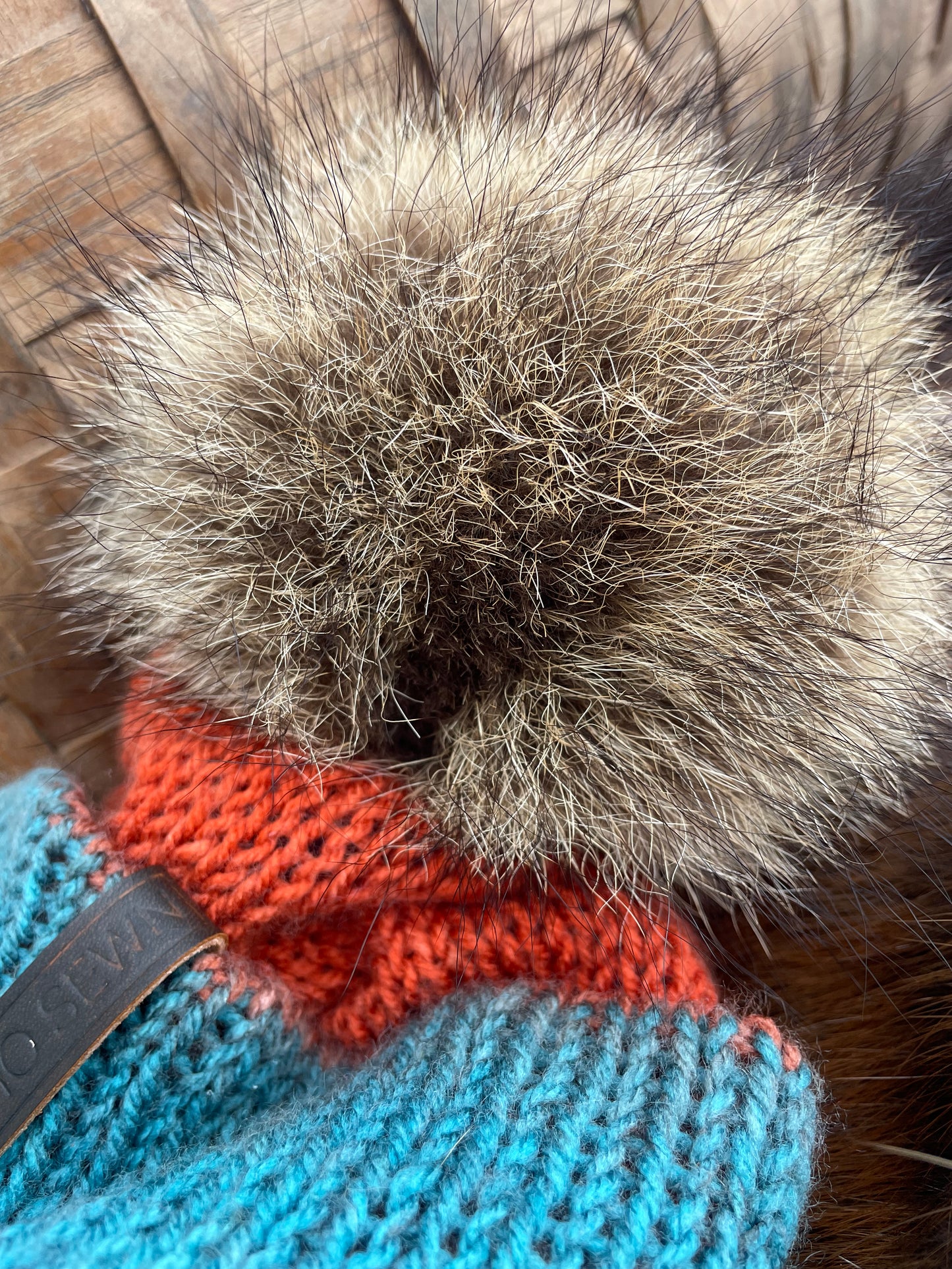 Rust and Teal Raccoon Beanie